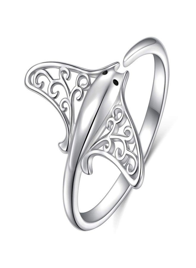 Ladytree S925 Sterling Silver Stingray Sea Animal Open Ring Manta Ray Tree of Life Adjustable Bypass Nature Ocean Ring,Size 7 - Image 1