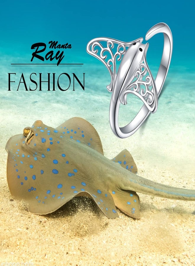 Ladytree S925 Sterling Silver Stingray Sea Animal Open Ring Manta Ray Tree of Life Adjustable Bypass Nature Ocean Ring,Size 7 - Image 5