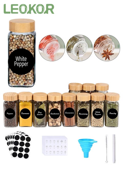 12 Pcs Glass Spice Jars 4oz Empty Square Spice Containers, Glass Food Storage Containers Jars with Bamboo Lids, Labels Stickers,Silicone Collapsible Funnel