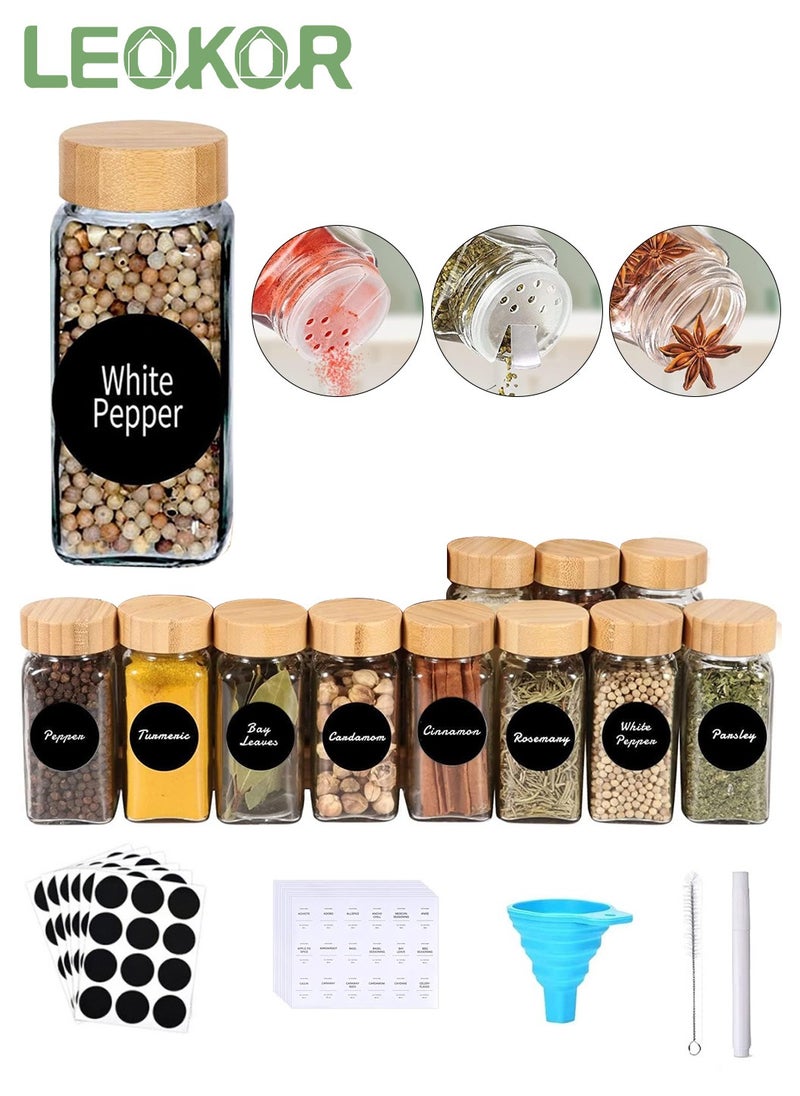 LEOKOR - 12 Pcs Glass Spice Jars 4oz Empty Square Spice Containers, Glass Food Storage Containers Jars with Bamboo Lids, Labels Stickers,Silicone Collapsible Funnel - Image 1