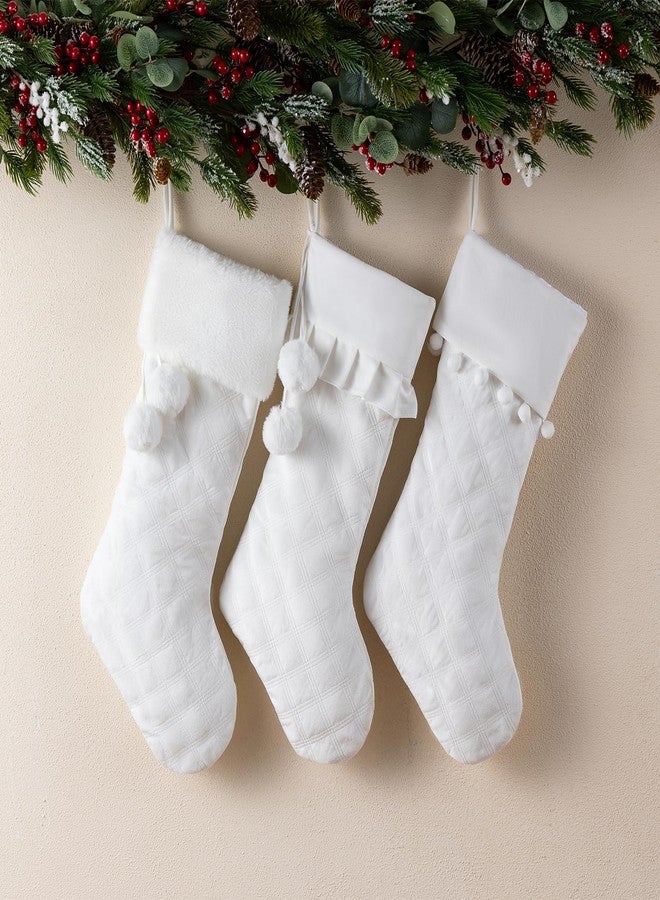 E-FirstFeeling 3 Pack White Christmas Stockings Quilted Rustic Hanging Stockings Xmas Ornaments for Family Holiday Season Decorations - Image 2