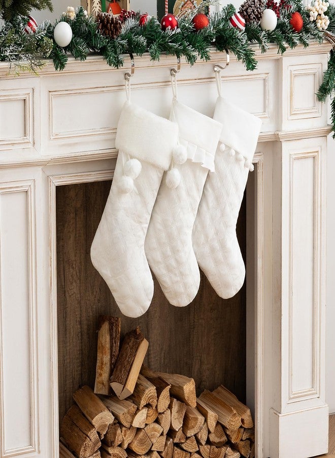 E-FirstFeeling 3 Pack White Christmas Stockings Quilted Rustic Hanging Stockings Xmas Ornaments for Family Holiday Season Decorations - Image 1