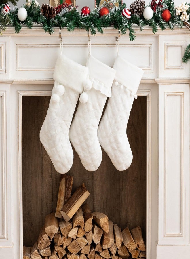 E-FirstFeeling 3 Pack White Christmas Stockings Quilted Rustic Hanging Stockings Xmas Ornaments for Family Holiday Season Decorations - Image 4