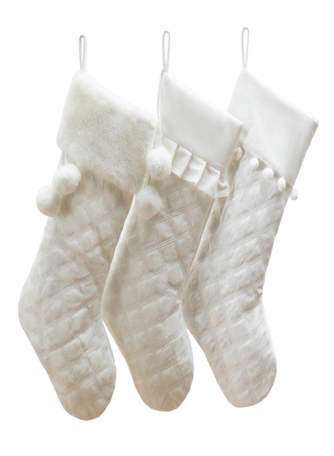 E-FirstFeeling 3 Pack White Christmas Stockings Quilted Rustic Hanging Stockings Xmas Ornaments for Family Holiday Season Decorations - Image 3