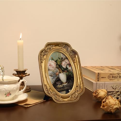 FOLKOR Vintage Flower Painting with Gold Frame Floral Canvas Wall Art Prints for Tabletop Shelf Gallery Wall Decor Retro Bouquet Still Life Artwork for Dining Room Hallway 4x6 - Image 3