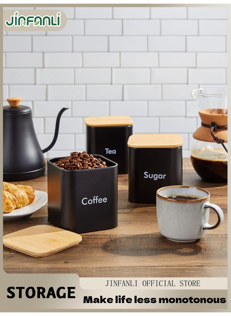 JINFANLI 3-Piece Sugar Tea Coffee Kitchen Jar Set, Black Stainless Steel Container with Bamboo Lid (550ml) - Image 1