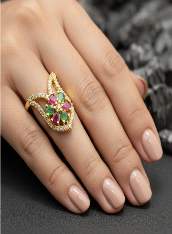 ZEELLO Gold Plated Vanky Ring, Cubic Zirconia Stones, Floral Design, Fashion Jewelry - Image 2