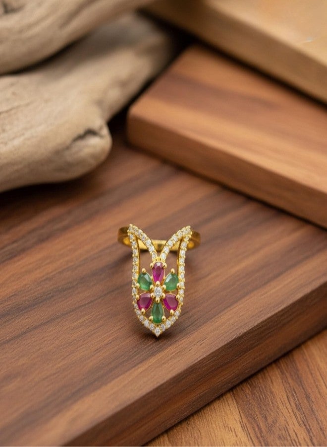 ZEELLO Gold Plated Vanky Ring, Cubic Zirconia Stones, Floral Design, Fashion Jewelry - Image 3