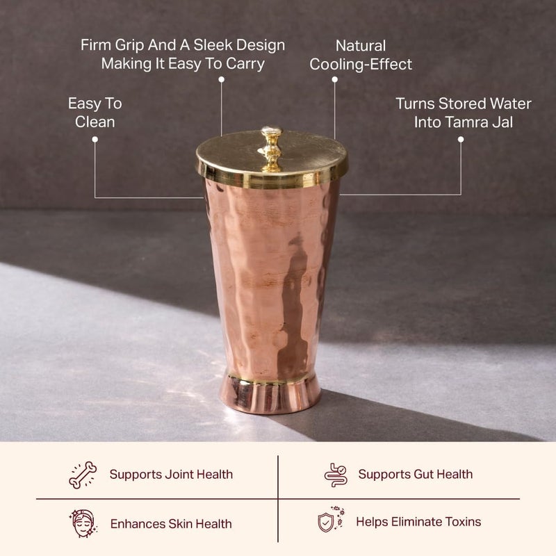 P-TAL Tumbler with Lid Serving Copper Glass with Brass Lid Tamba Glass with Ayurvedic Health Benefits Ptal Brass and Copper Utensils (600 ml Tumbler Glass) - Image 2