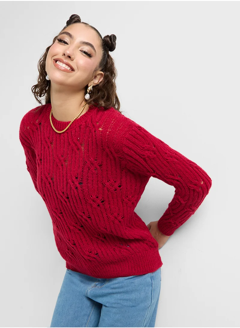 جينجر Cable Knit Crew Neck Sweater