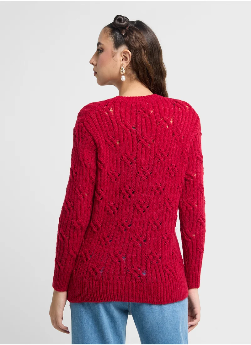 جينجر Cable Knit Crew Neck Sweater