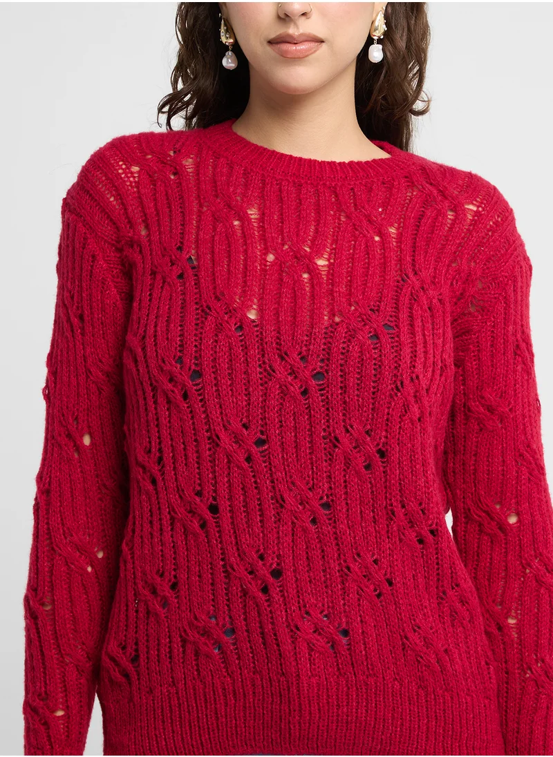 جينجر Cable Knit Crew Neck Sweater