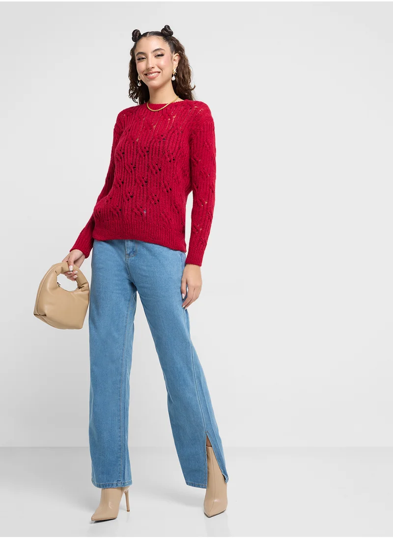 جينجر Cable Knit Crew Neck Sweater