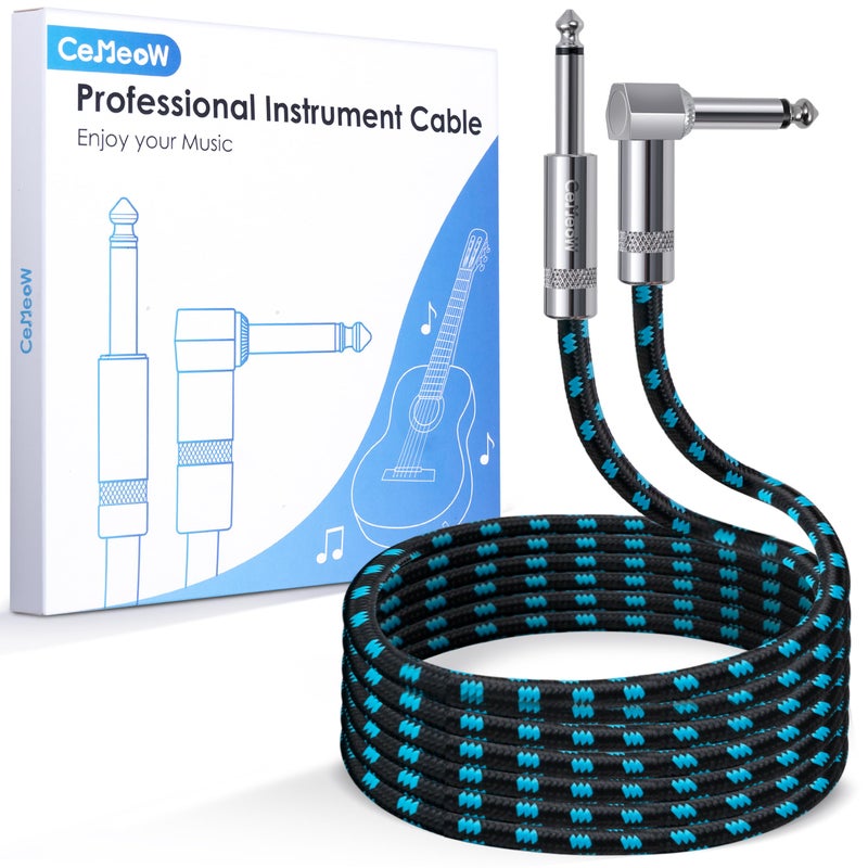 CeMeow Guitar Cable 6ft Right Angle Guitar Amp Cord 1/4 Inch Instrument Cable with Braided Tweed and Anti-Kinking Design for Guitar Bass Amp, Black & Blue - Image 1