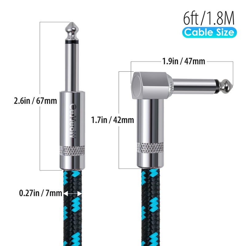 CeMeow Guitar Cable 6ft Right Angle Guitar Amp Cord 1/4 Inch Instrument Cable with Braided Tweed and Anti-Kinking Design for Guitar Bass Amp, Black & Blue - Image 4