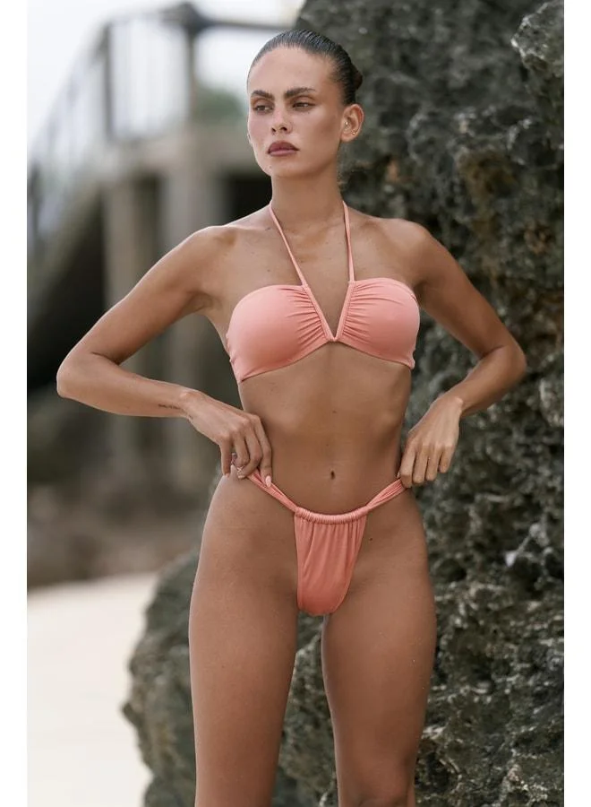 Bohemai Bunga Tie-Front Ruffle Detail Salmon Bikini Top.