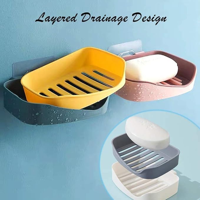 Jigva Wall Mounted Self Adhesive Waterproof Double Layer Soap Holder Dish Tray for Bathroom Shower Kitchen Sink - Multicolor - Image 5