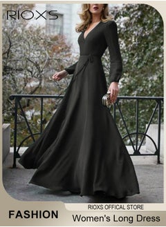 RIOXS Women's Elegant V-neck Long Sleeve Dress Flowy Belted Maxi Dress for Special Occasions  - Image 1