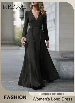 RIOXS Women's Elegant V-neck Long Sleeve Dress Flowy Belted Maxi Dress for Special Occasions  - Image 2