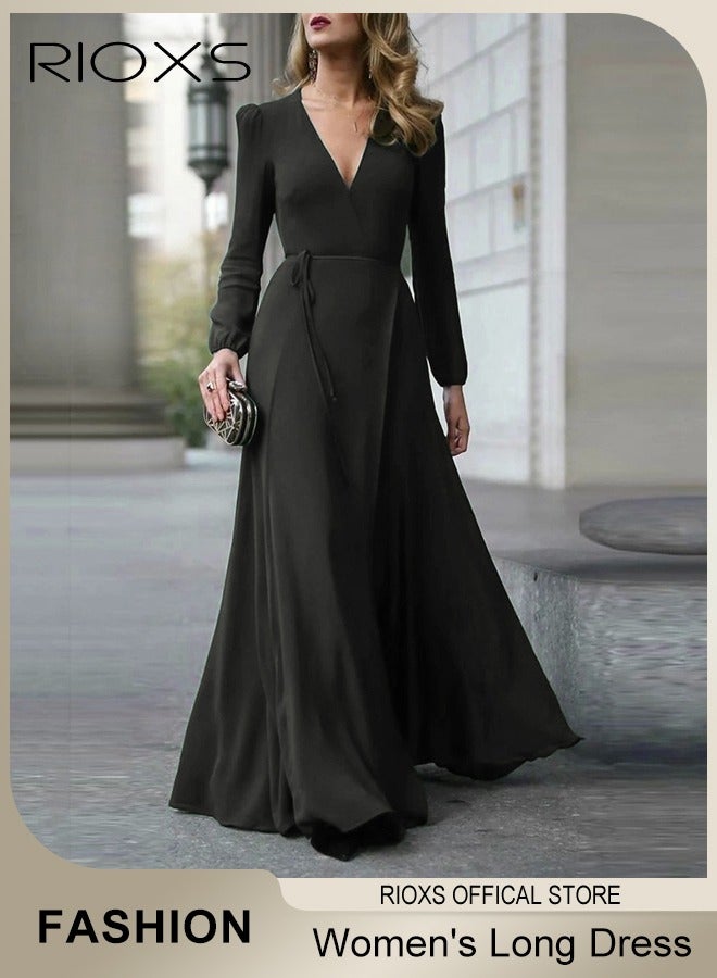 RIOXS Women's Dresses, Elegant High Waist Maxi Dress For Women, V-neck Long-sleeved Dress, Ruched Wrap Long Dress With Back Zipper And Belt, Ladies Stylish Exquisite Evening Prom Dresses, Womens Party Dress For Casual/ Formal Occasions-Black Dresses - Image 2