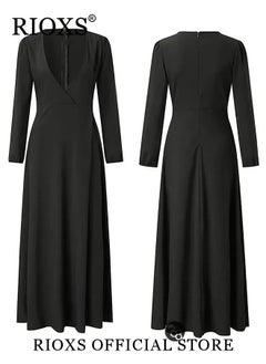RIOXS Women's Elegant V-neck Long Sleeve Dress Flowy Belted Maxi Dress for Special Occasions  - Image 5