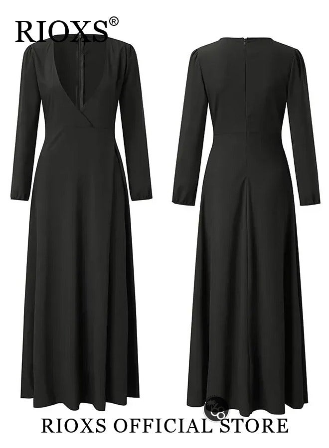 RIOXS Women's Dresses, Elegant High Waist Maxi Dress For Women, V-neck Long-sleeved Dress, Ruched Wrap Long Dress With Back Zipper And Belt, Ladies Stylish Exquisite Evening Prom Dresses, Womens Party Dress For Casual/ Formal Occasions-Black Dresses - Image 5