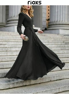 RIOXS Women's Elegant V-neck Long Sleeve Dress Flowy Belted Maxi Dress for Special Occasions  - Image 3