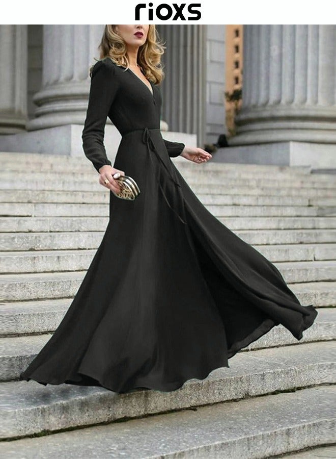 RIOXS Women's Dresses, Elegant High Waist Maxi Dress For Women, V-neck Long-sleeved Dress, Ruched Wrap Long Dress With Back Zipper And Belt, Ladies Stylish Exquisite Evening Prom Dresses, Womens Party Dress For Casual/ Formal Occasions-Black Dresses - Image 3