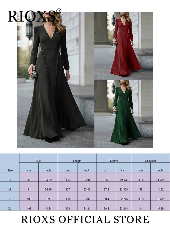 RIOXS Women's Dresses, Elegant High Waist Maxi Dress For Women, V-neck Long-sleeved Dress, Ruched Wrap Long Dress With Back Zipper And Belt, Ladies Stylish Exquisite Evening Prom Dresses, Womens Party Dress For Casual/ Formal Occasions-Black Dresses - Image 4