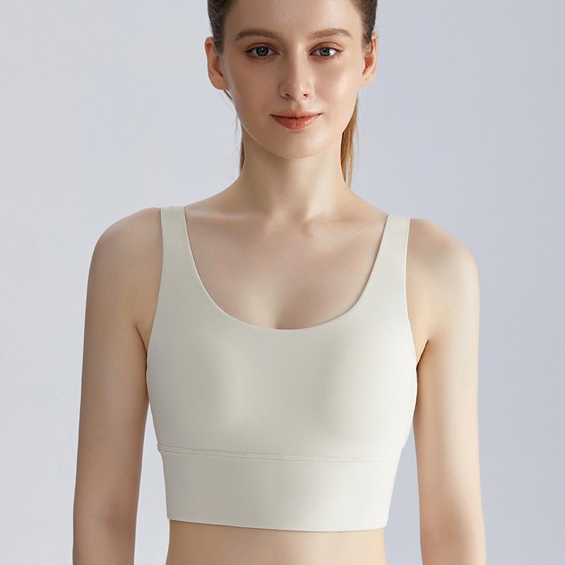 Generic LAHN Beauty Back Sports Underwear Womens One-piece Cup No Steel Ring Anti-vibration and Anti-sagging Wide Shoulder Strap Fitness Sports Vest WX-437 ivory white