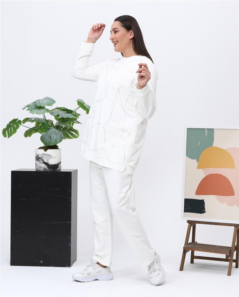 Bwest Payidar Stone Printed Plus Size Double Tracksuit Sports Set - 12005 - Cream - Image 5