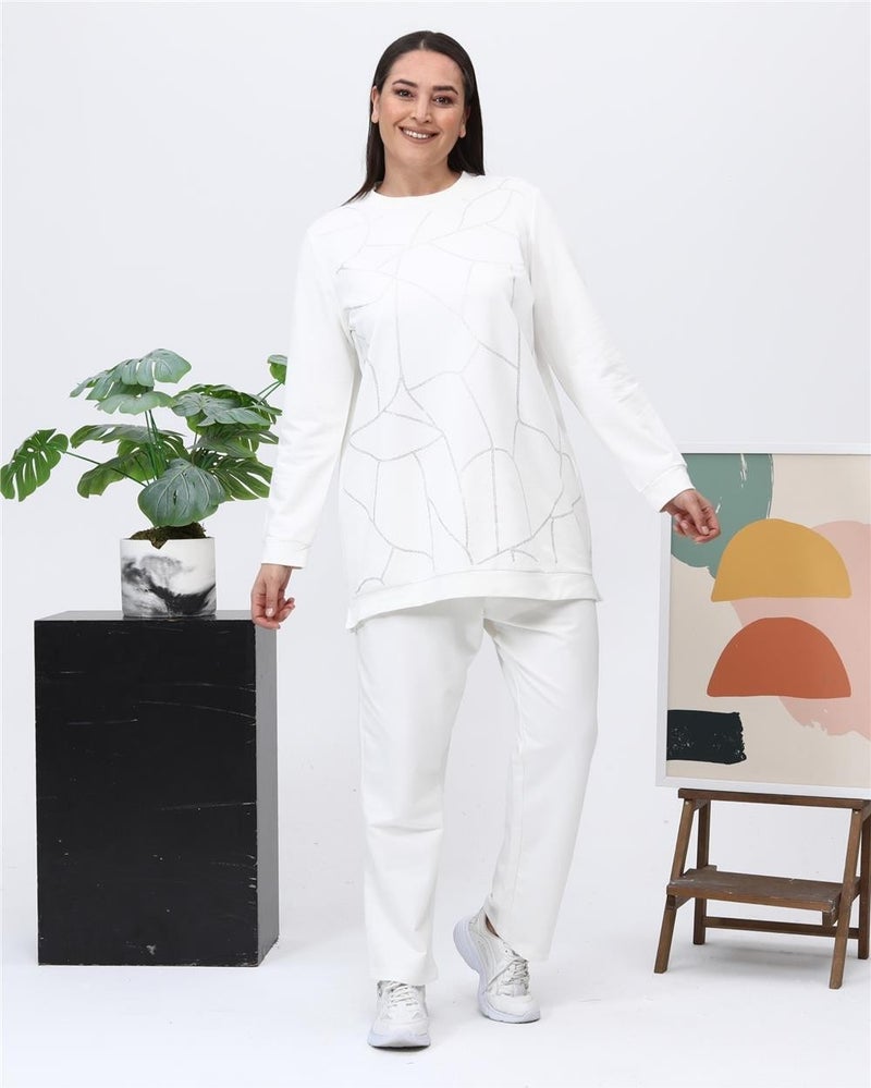 Bwest Payidar Stone Printed Plus Size Double Tracksuit Sports Set - 12005 - Cream - Image 4