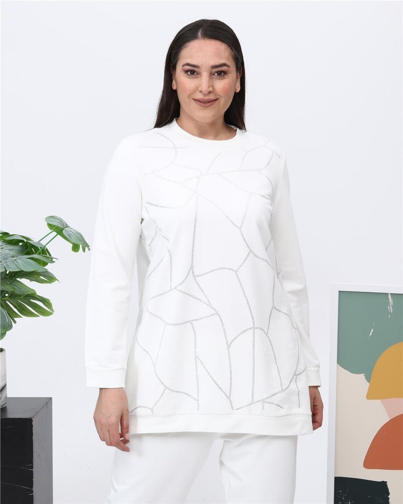 Bwest Payidar Stone Printed Plus Size Double Tracksuit Sports Set - 12005 - Cream - Image 2