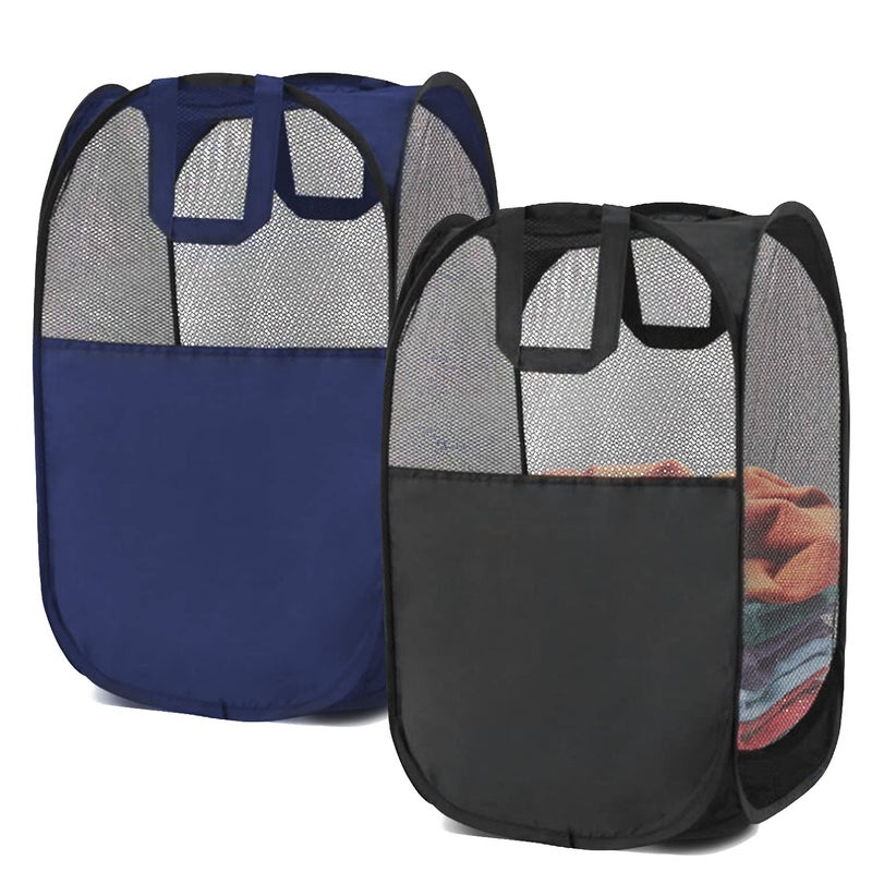 BENJUNC 2 popup foldable mesh laundry baskets each with 2 reinforced handles black blue