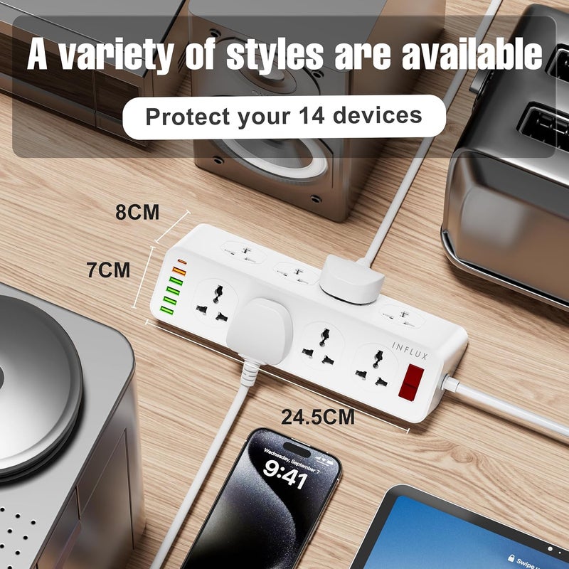 Extension Cord with Surge Protector – 8 Outlet Universal Power Strip, 3 Meter Heavy Duty Cable, 5 USB Ports,1 USB-C, 15W Max, Multi Plug Socket with Master Switch for Home Office UAE - Image 3