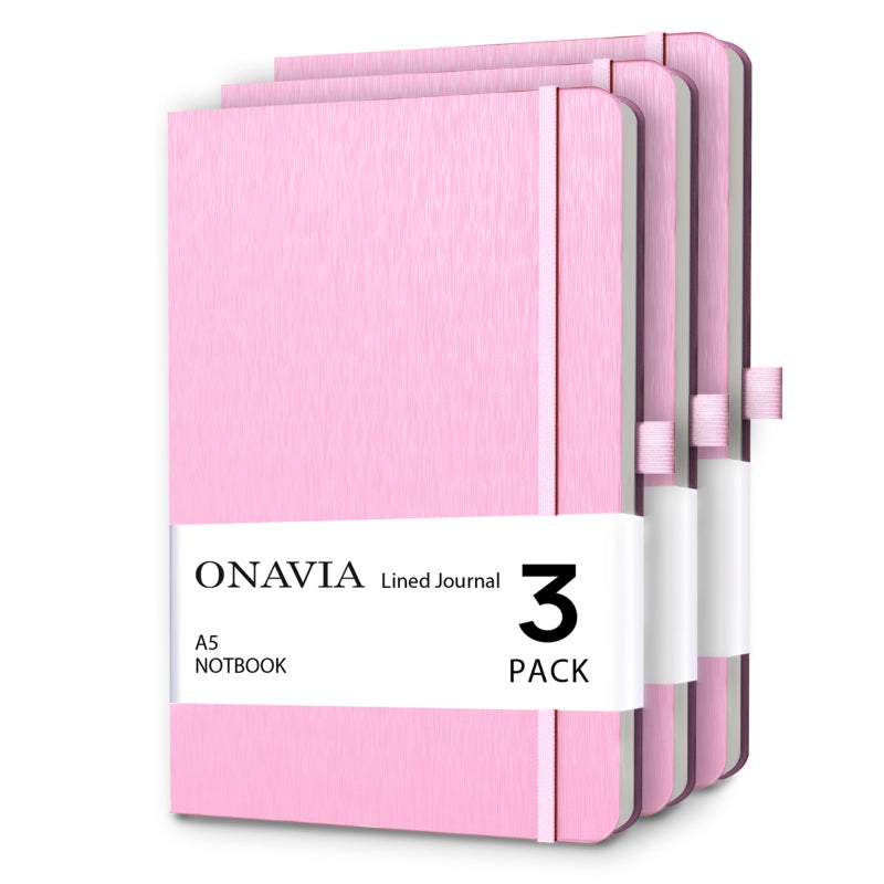 ONAVIA A5 Lined Journal Notebook, 7mm College Ruled Notepad, Journaling for Writing, Work, School, Travel and Note Taking, Hardcover 160 Pages (80 Sheets) 5.79 x 8.3 inches (3 Pack Pink) - Image 1