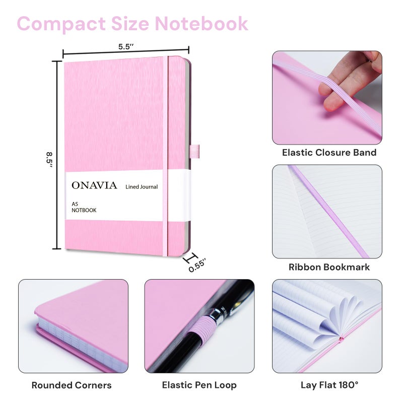 ONAVIA A5 Lined Journal Notebook, 7mm College Ruled Notepad, Journaling for Writing, Work, School, Travel and Note Taking, Hardcover 160 Pages (80 Sheets) 5.79 x 8.3 inches (3 Pack Pink) - Image 2