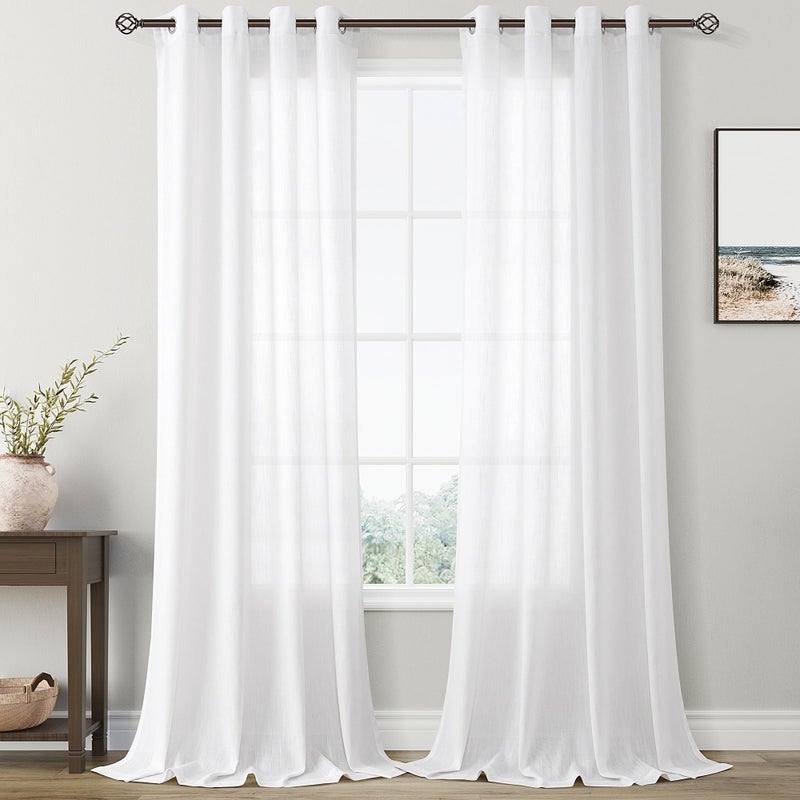 Nanspring Linen White Curtains 96 inches Long for Living Room Sliding Glass Door Light Filtering Privacy Thick Sheer Curtain Drapes Modern Elegant Cotton Textured Grommet White Gauze Window Curtains 8 FT - Image 1