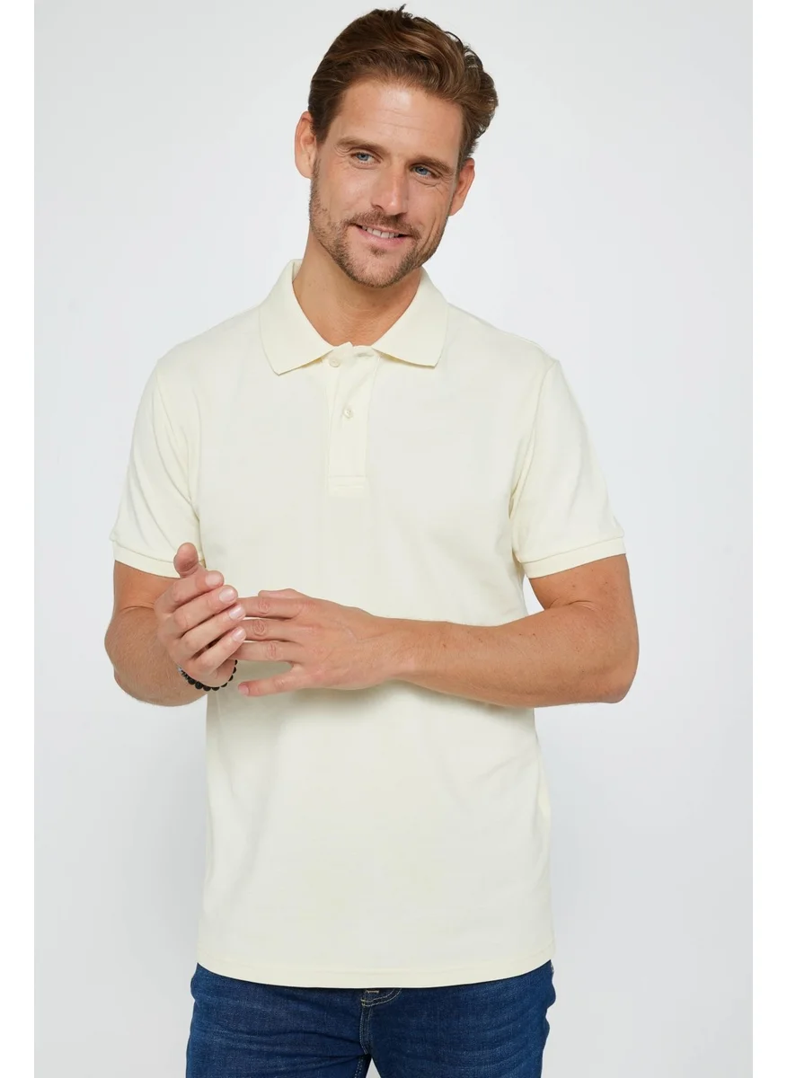 تودورس Men's Slim Fit Narrow Cut Cotton Plain Pique Cream Polo Collar T-Shirt