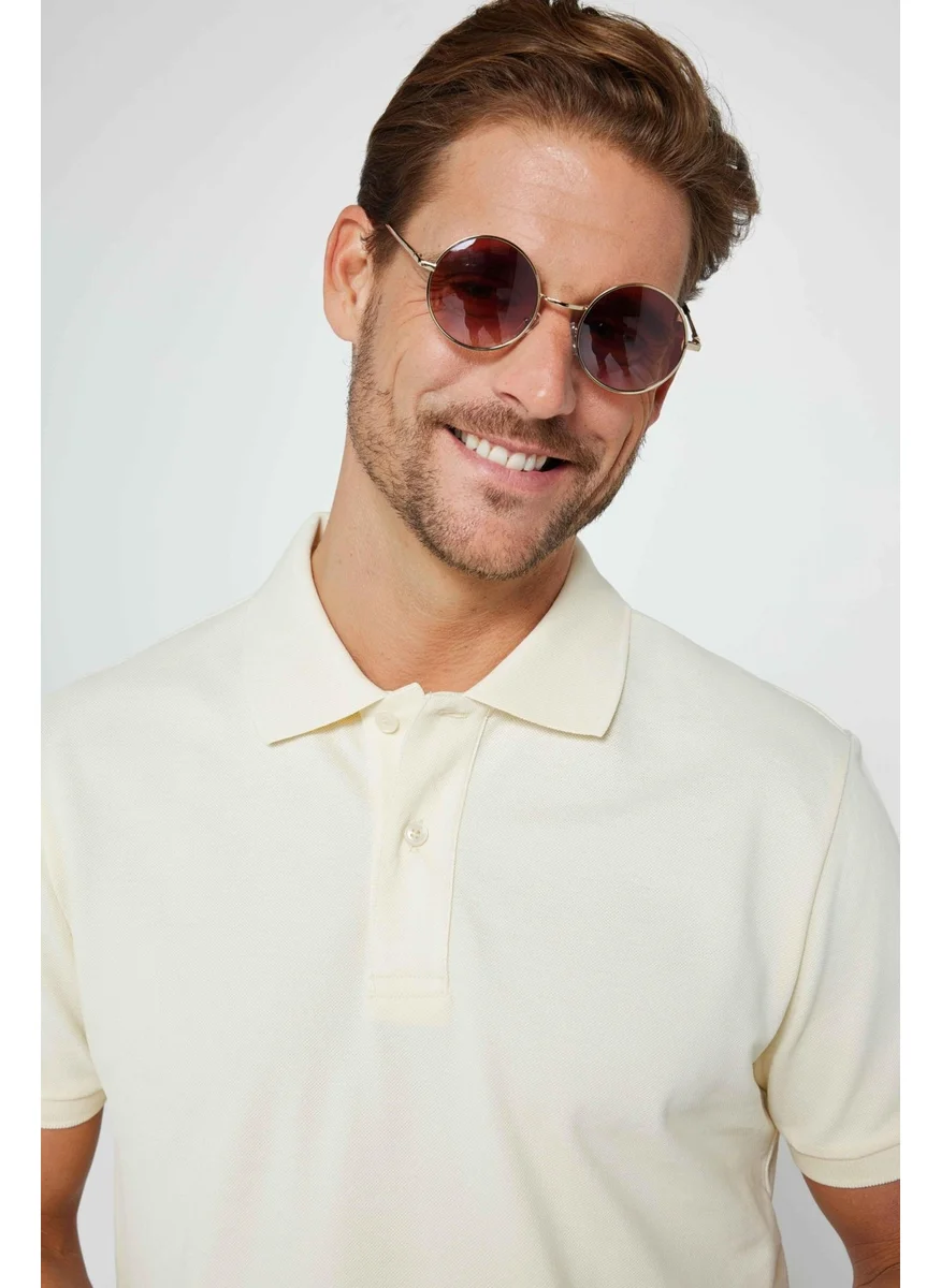 تودورس Men's Slim Fit Narrow Cut Cotton Plain Pique Cream Polo Collar T-Shirt