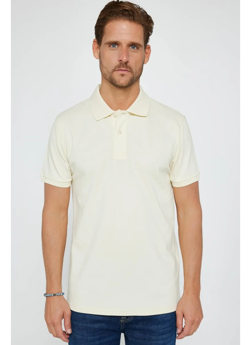 تودورس Men's Slim Fit Narrow Cut Cotton Plain Pique Cream Polo Collar T-Shirt
