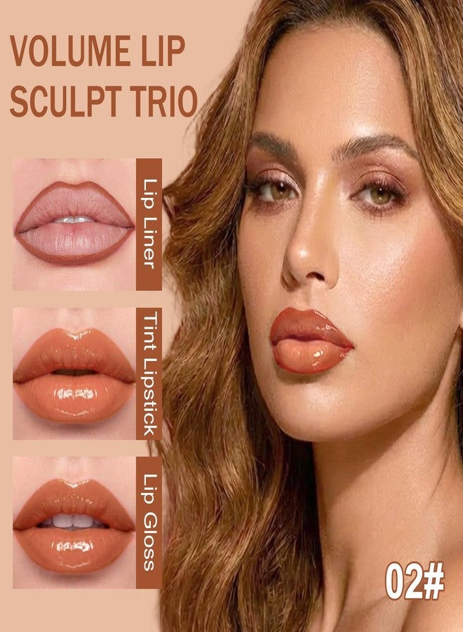 Jutqut 3PCS Lip Combo Set - Matte Lip Liner Pencil, Hydrating Tint Lipstick & Shine Gloss, Non-Sticky Long-Lasting Plumping Lip Makeup Kit for Women, Volume Sculpt Trio, 02 - Image 2