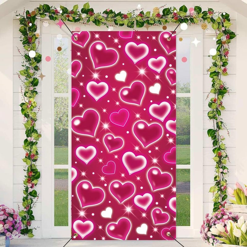 BUTEN Valentine's Day Pink Heart Door Cover Decorations Photo Backdrop Early 2000s Background for Photography Happy Birthday Banner Old School Valentines Selfile Wall (Pink) - Image 1