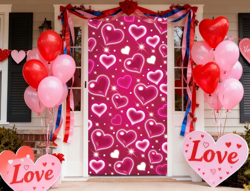 BUTEN Valentine's Day Pink Heart Door Cover Decorations Photo Backdrop Early 2000s Background for Photography Happy Birthday Banner Old School Valentines Selfile Wall (Pink) - Image 2