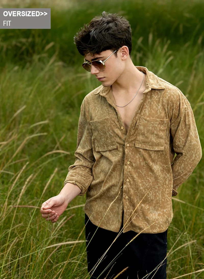 Campus Sutra Campus Sutra Men's Olive Green Faded Corduroy Oversized Shirt For Casual Wear | Spread Collar | Long Cuffed Sleeves | Button Closure | Oversized Shirt Crafted With Comfort Fit For Everyday Wear