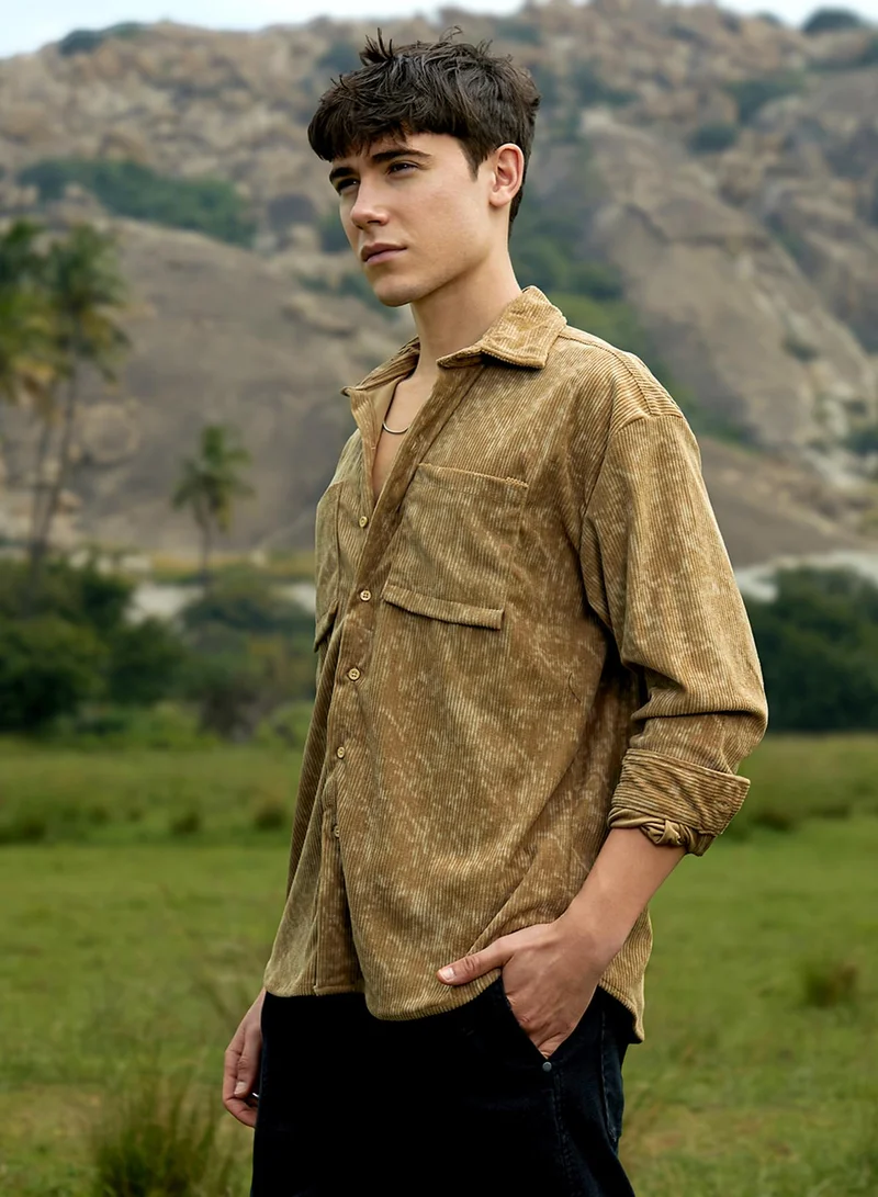 Campus Sutra Campus Sutra Men's Olive Green Faded Corduroy Oversized Shirt For Casual Wear | Spread Collar | Long Cuffed Sleeves | Button Closure | Oversized Shirt Crafted With Comfort Fit For Everyday Wear