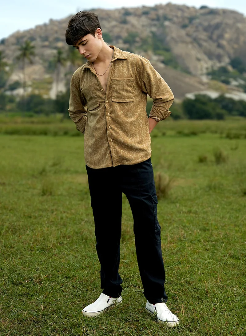 Campus Sutra Campus Sutra Men's Olive Green Faded Corduroy Oversized Shirt For Casual Wear | Spread Collar | Long Cuffed Sleeves | Button Closure | Oversized Shirt Crafted With Comfort Fit For Everyday Wear