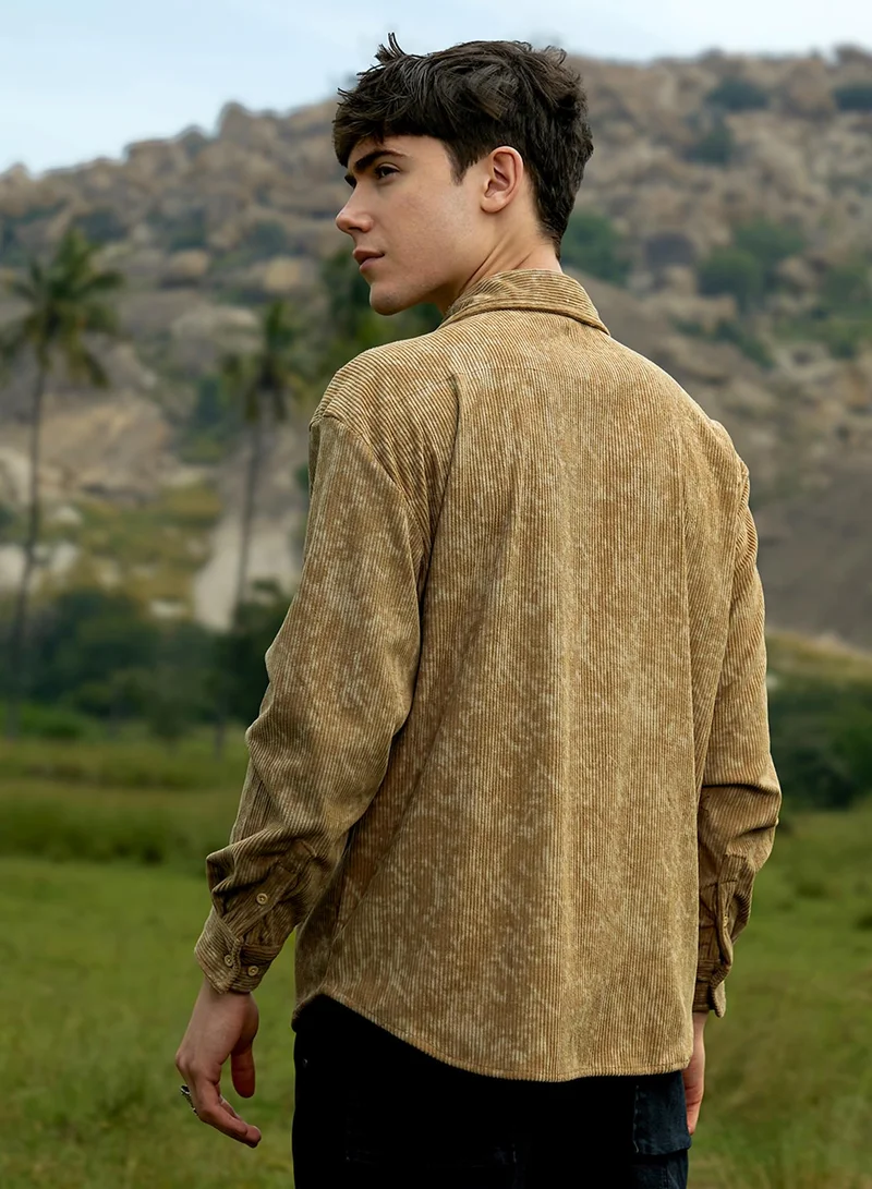 Campus Sutra Campus Sutra Men's Olive Green Faded Corduroy Oversized Shirt For Casual Wear | Spread Collar | Long Cuffed Sleeves | Button Closure | Oversized Shirt Crafted With Comfort Fit For Everyday Wear