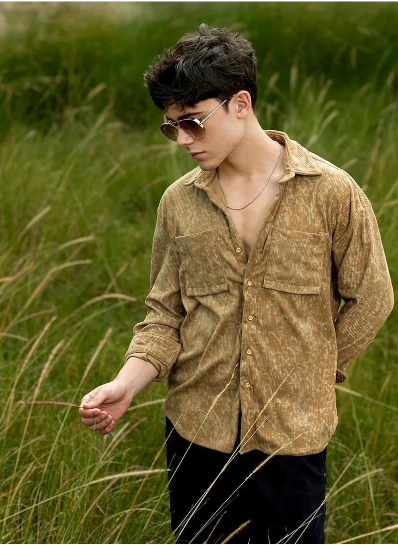 كامبوس سوترا Men's Olive Green Faded Corduroy Oversized Shirt