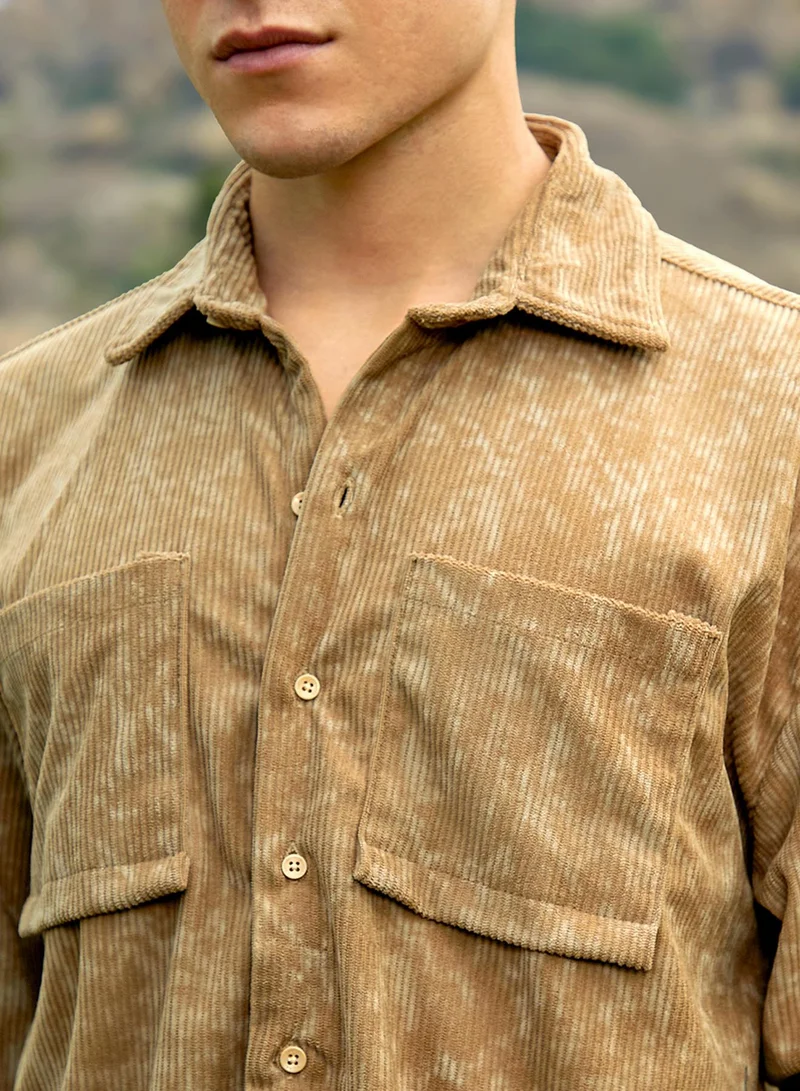 Campus Sutra Campus Sutra Men's Olive Green Faded Corduroy Oversized Shirt For Casual Wear | Spread Collar | Long Cuffed Sleeves | Button Closure | Oversized Shirt Crafted With Comfort Fit For Everyday Wear